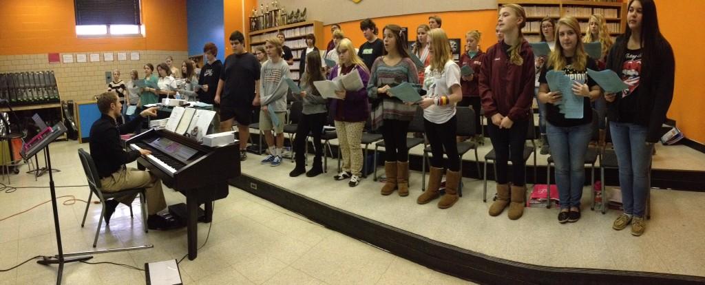 Hereford Chorus teacher David Sobel leads students through their new piece.  They worked to harmonize their voices in order to master their new song.  