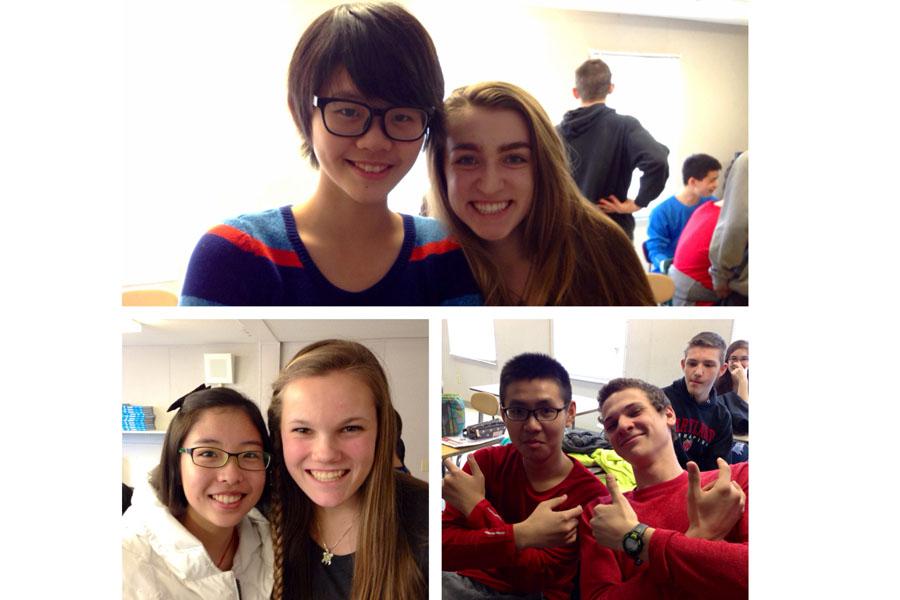 Clockwise from top: Chinese exchange students Caroline, Rick, and Rachel pose with student hosts Kat Benson (10), Dylan Fox (10), and Christy Ivey (10). The exchange students and their hosts visited Ocean City on Saturday, February 15.