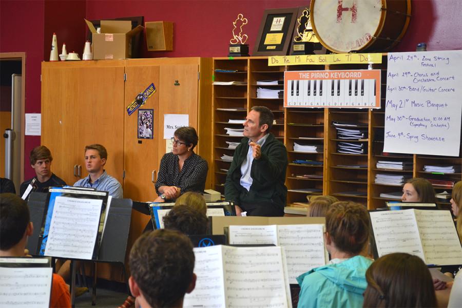 Jim Baseman came to talk to 2A band class about their piece Chorus Angelorum which was written in memory of his son Joey and his mother Joan after they died in a car accident. 