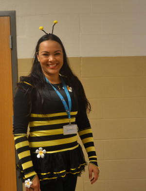 Spanish teacher, Angelica Anshel poses in her bumblebee costume. 