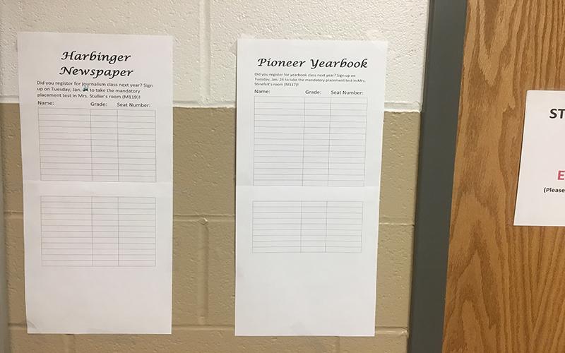 The+Harbinger+and+Pioneer+recruit+new+people+for+their+staffs+every+year.+The+sign+ups+for+the+tests+are+outside+the+guidance+office.