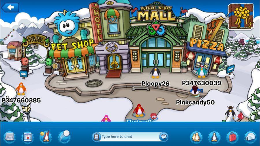 Ploopy26 stands outside of the Town Square with his fellow penguins and puffles . He planned on visiting the Pizza shop for a quick pie.