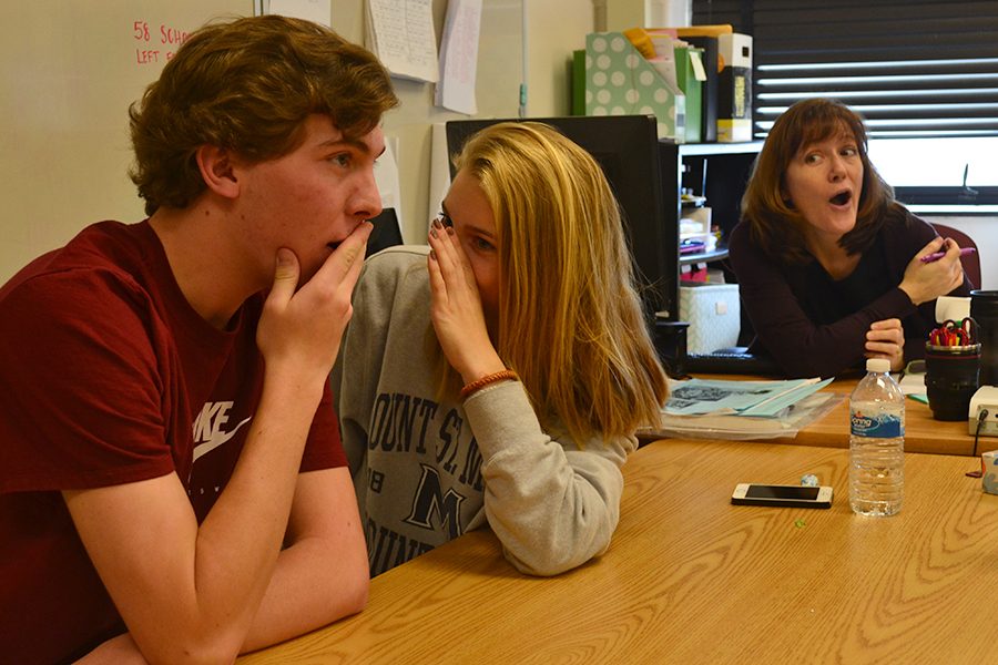 Stuller listens in on Hugh and Bess' juicy gossip. Teachers have over heard many student conversations.