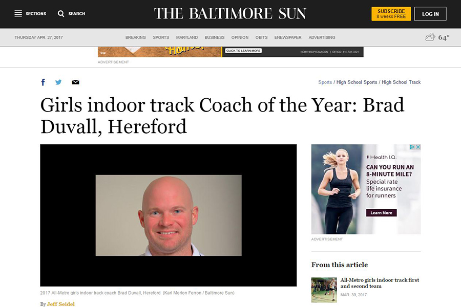 Brad Duvall is the winner of Coach of the Year. He was featured in the Baltimore Sun in a short article about his win.