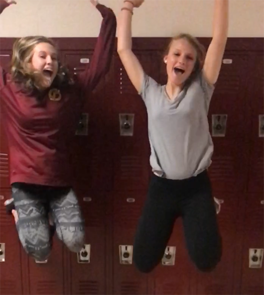 Hannah Weeren (18) and Jen Barranco (19) jump for the 2017 long spring break. Weeren is traveling to Mexico and Barranco is  visiting her grandparents in Maryland for spring break.