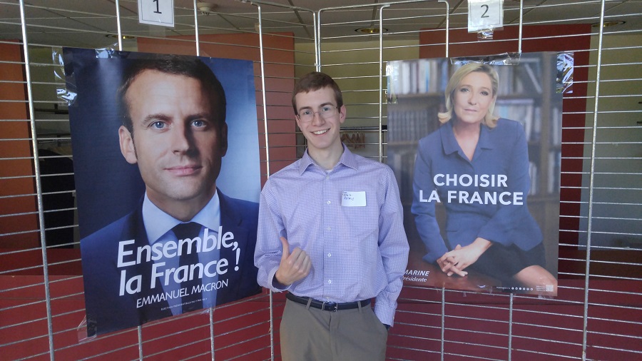 Posters at the French Embassy promote candidates for the French presidential election, Emmanuel Macron (left) and Marine Le Pen (right).  Mr. Macron won a convincing victory on  May 7th with just over 66% of the vote.