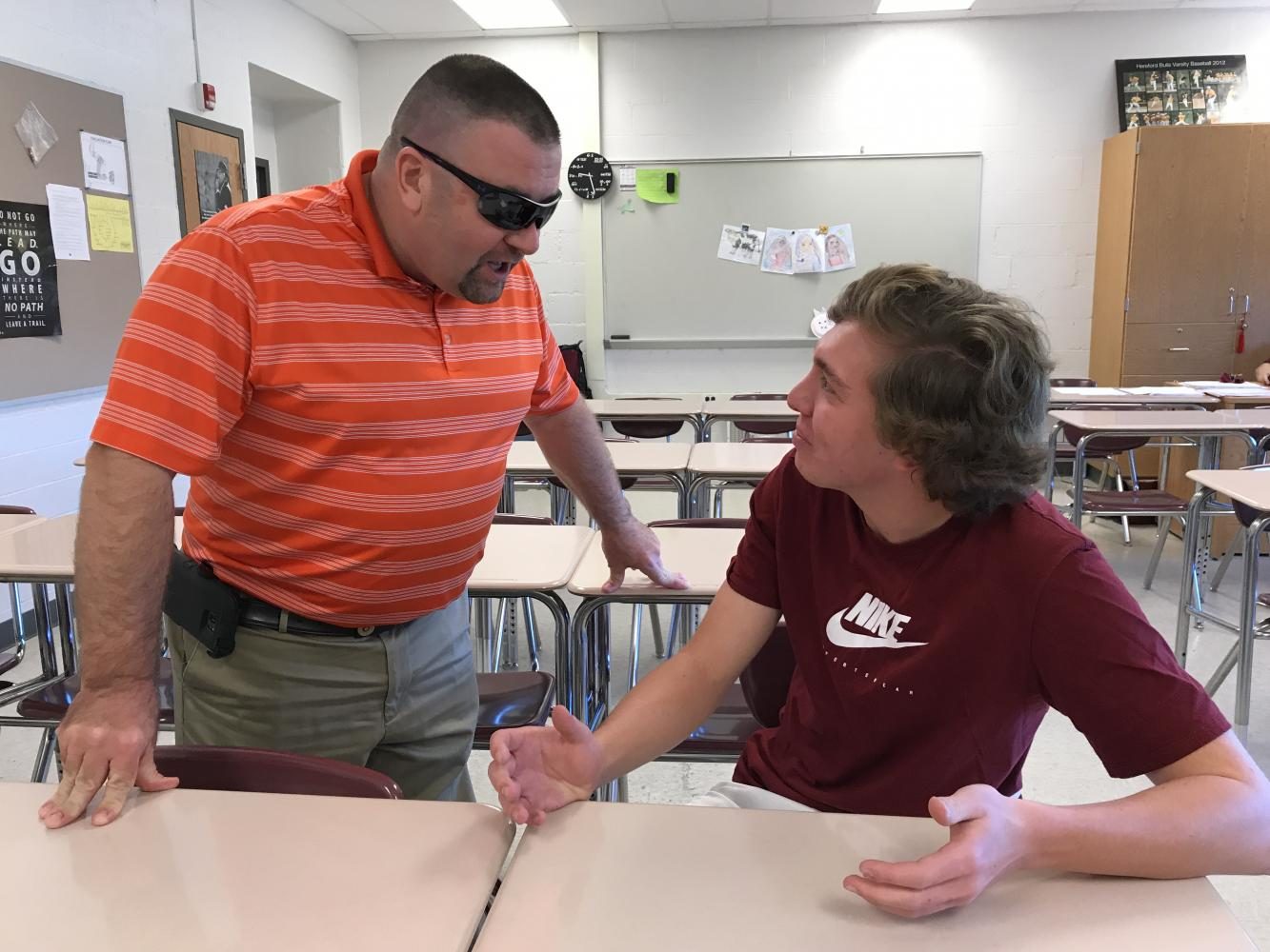 Foreign language teacher, Brett Baier, yells at Hugh Lory (17).  Lory was yelled at for a minor reason.