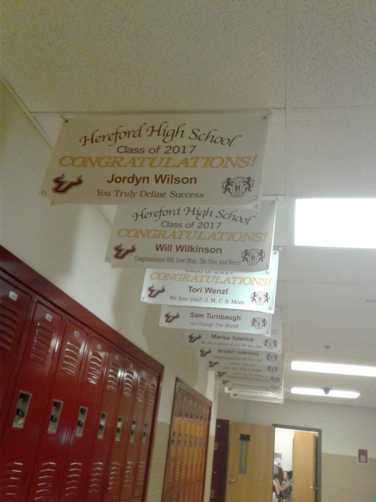 Senior banners hang in the English hallway. The banners were bought by the family of students to recognize their childrens accomplishments.