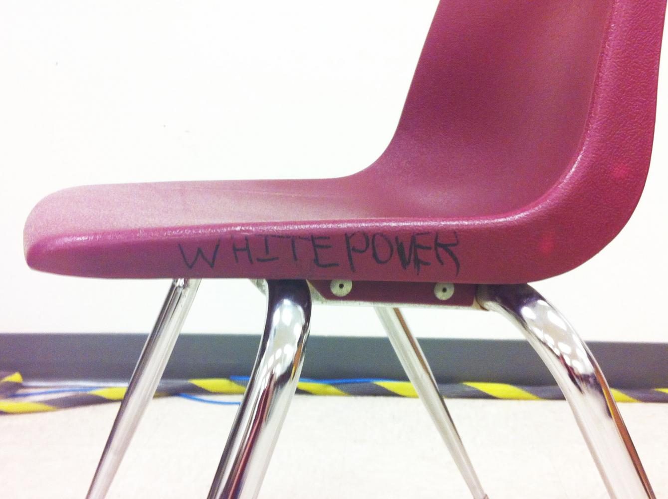 The words WHITE POWER are acratched onto a desk chair in an engineering classroom. It shows the lack of racial tolerance that exists in the Zone.