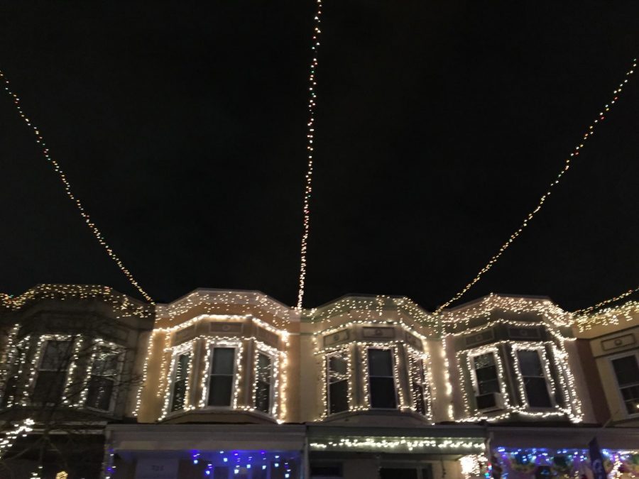 Christmas lights hang in Hampden in early  November, while commercial businesses started the trend much sooner.