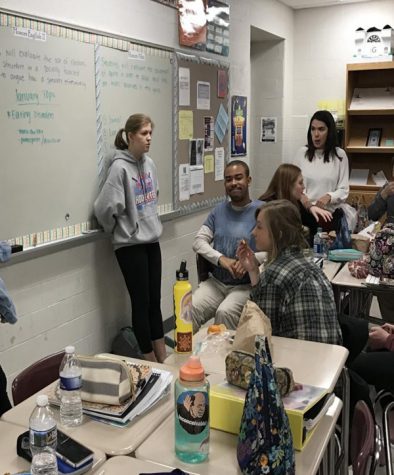 Lila Carroll (’18) and fellow members of SADD club discuss upcoming January topic of eating disorders and record ideas of how to spread awareness about the issue during their weekly meeting on Dec. 20.