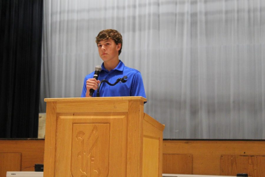 Vice President, Matthew Campbell (22) takes a pause during his speech. He competed with several peers to earn his seat in the class government.