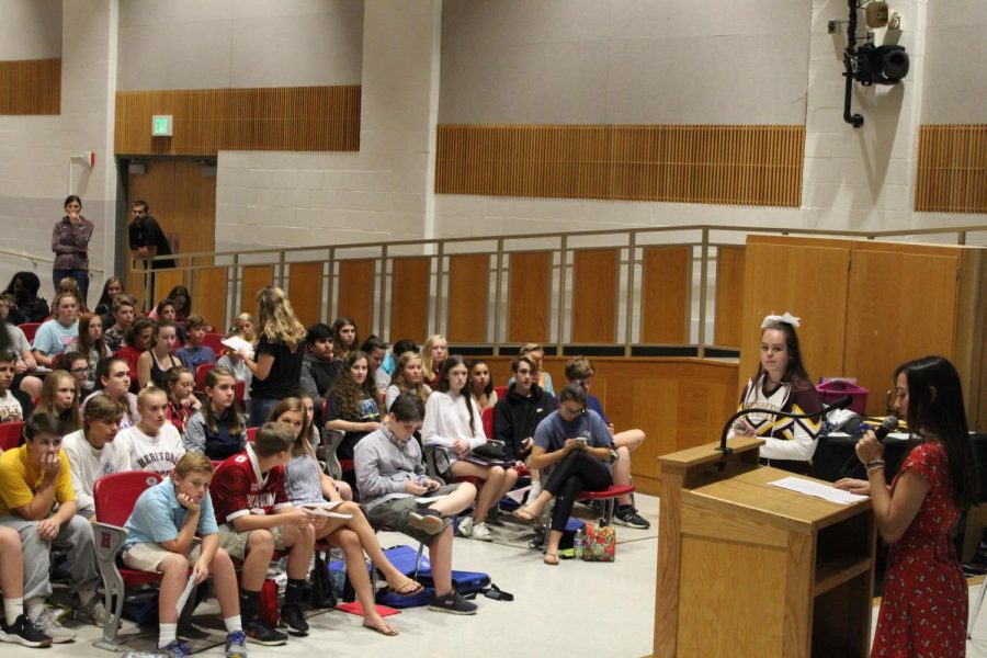 Sophia Rudolph (22) delivers a speech before her peers. She won the position of president for the class of 2022.