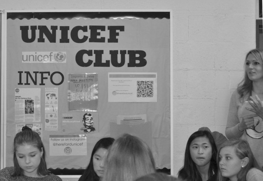 Adviser Jennifer Houseknecht advertises information for UNICEF on a bulletin board in her classroom. She looked forward to taking a new club during her second year at school.