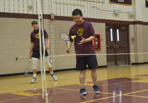 Chung and Kinsey eye a gold medal at the Baltimore County Badminton Championships. The pair won their match against Franklin High School’s top male doubles team with set scores of 15-2 and 15-1.