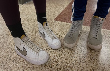 Casey Beste (‘24) and Gabriel Westra (‘25) show off their Nike Blazers. They both customized them on the Nike website. (photo by Molly Craig)