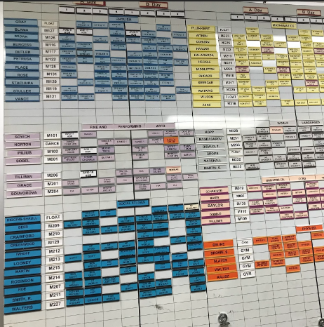 Schedule board in Mrs. Book's office