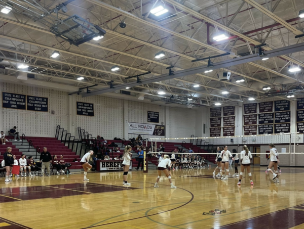 Hereford Girls Volleyball prepares for a set vs Catonsville Tuesday night. They won the match 3-2. 

